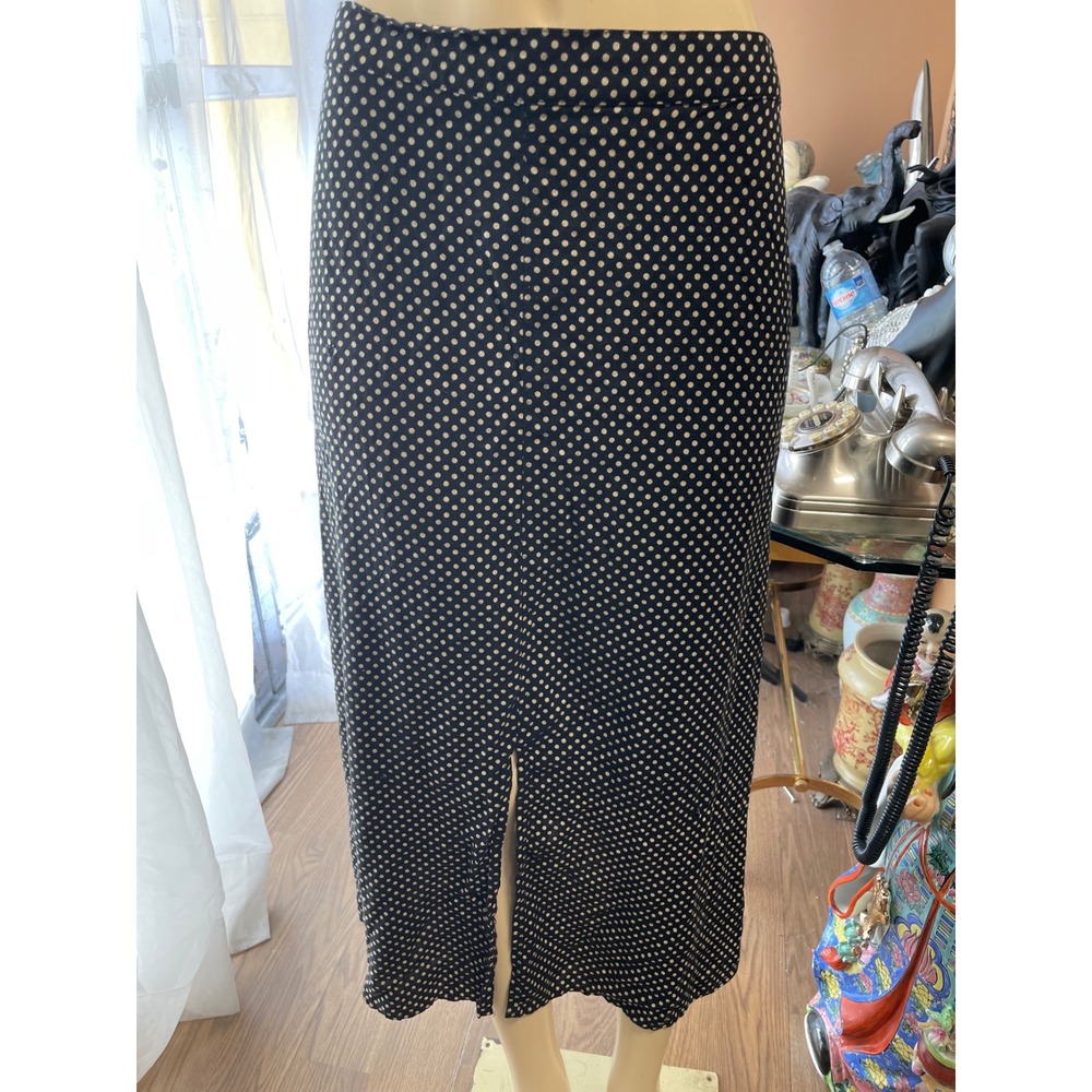 Notations Clothing Co Polka Dot Midi Skirt Black Cream Front Slit 2X Rayon